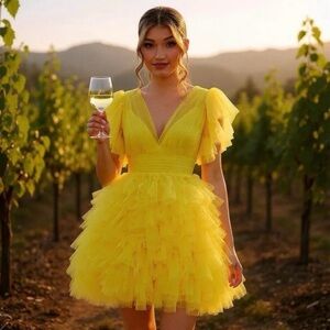 Yellow Flutter Ruffle Sleeve Tiered Dress